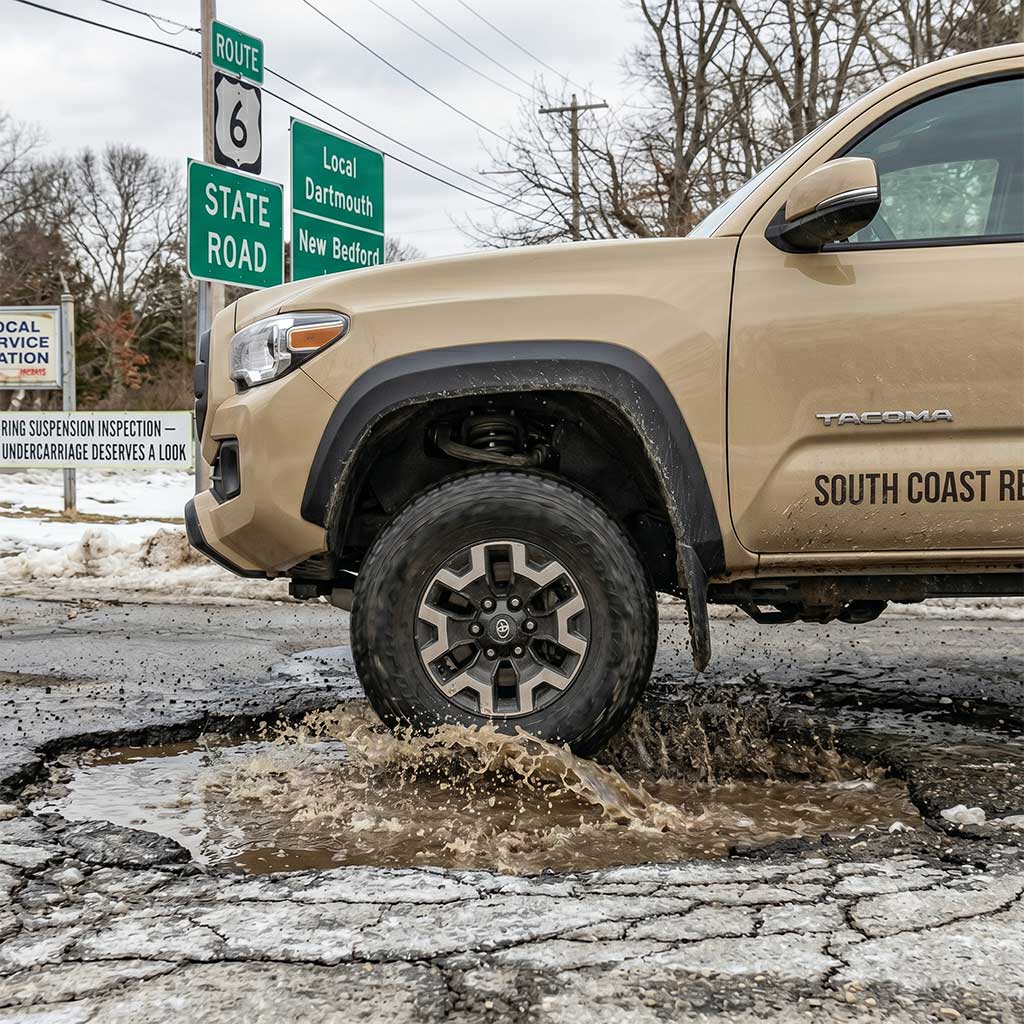 Toyota Tacoma driving through a puddle in Southcoast Massachusetts
