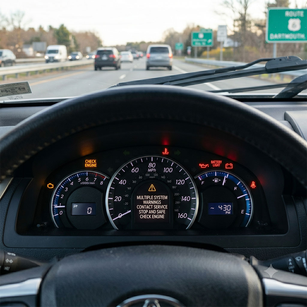 Car dash with various service lights, including the check engine light, indicating