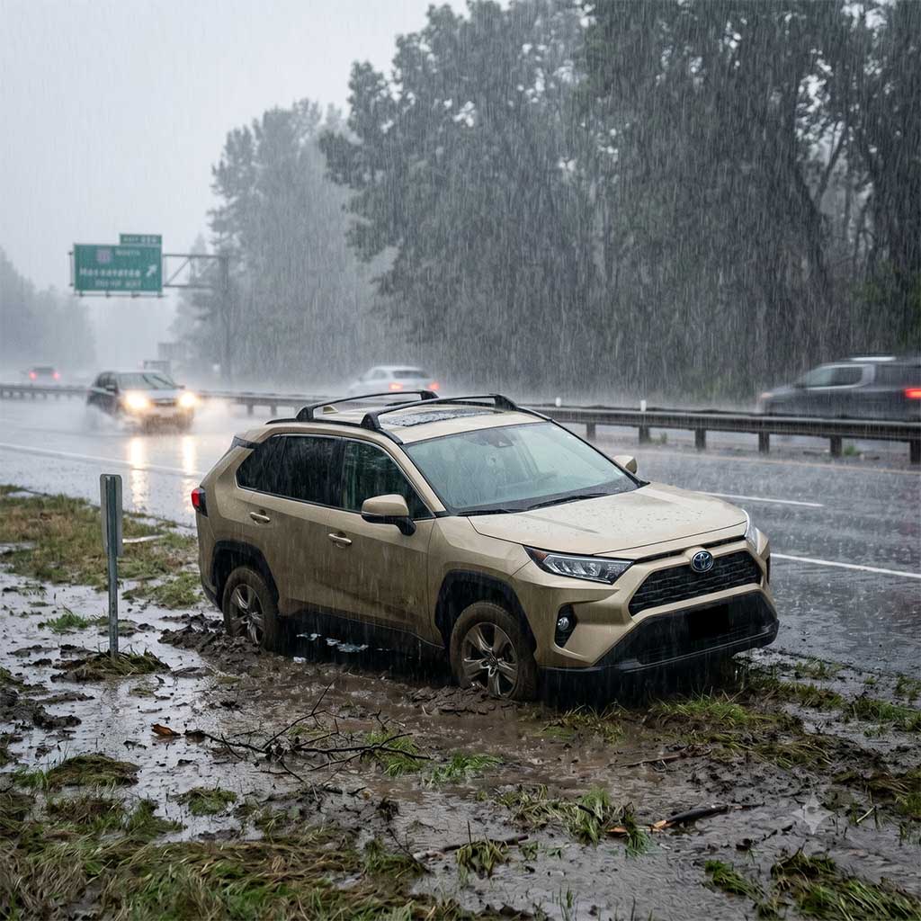 Toyota vehicle stuck in the mud on the side of a highway