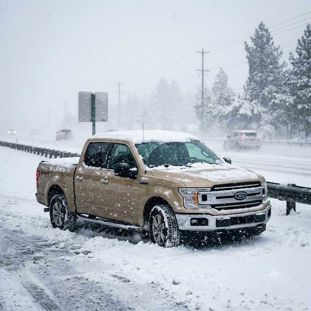 Ford truck stuck in snow on the highway