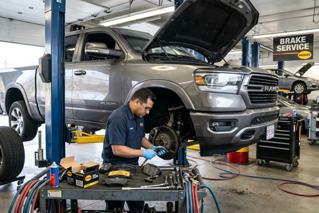 Midas technician working on brakes on a Dodge RAM