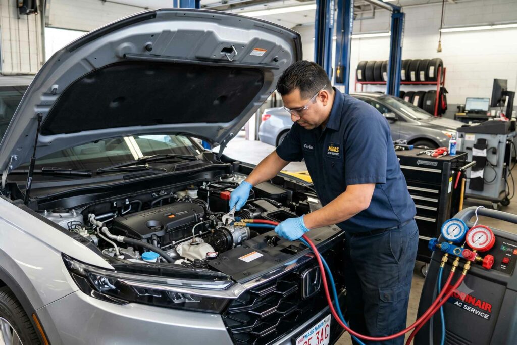Midas technician charging air conditioning system