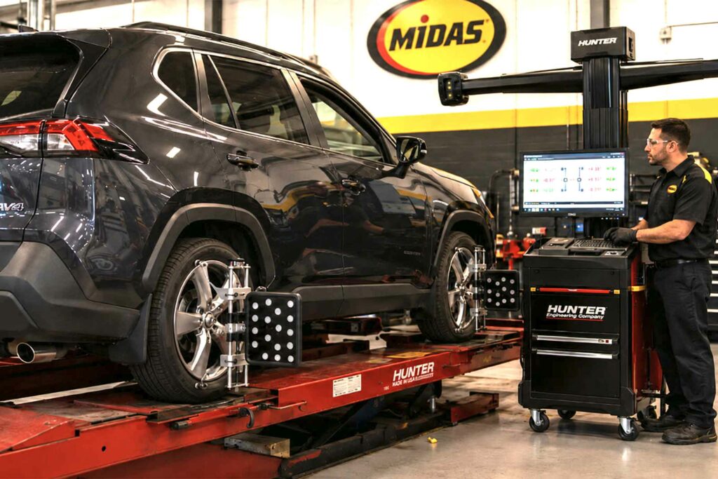 Midas technician aligning wheels on a Toyota vehicle in a Midas shop